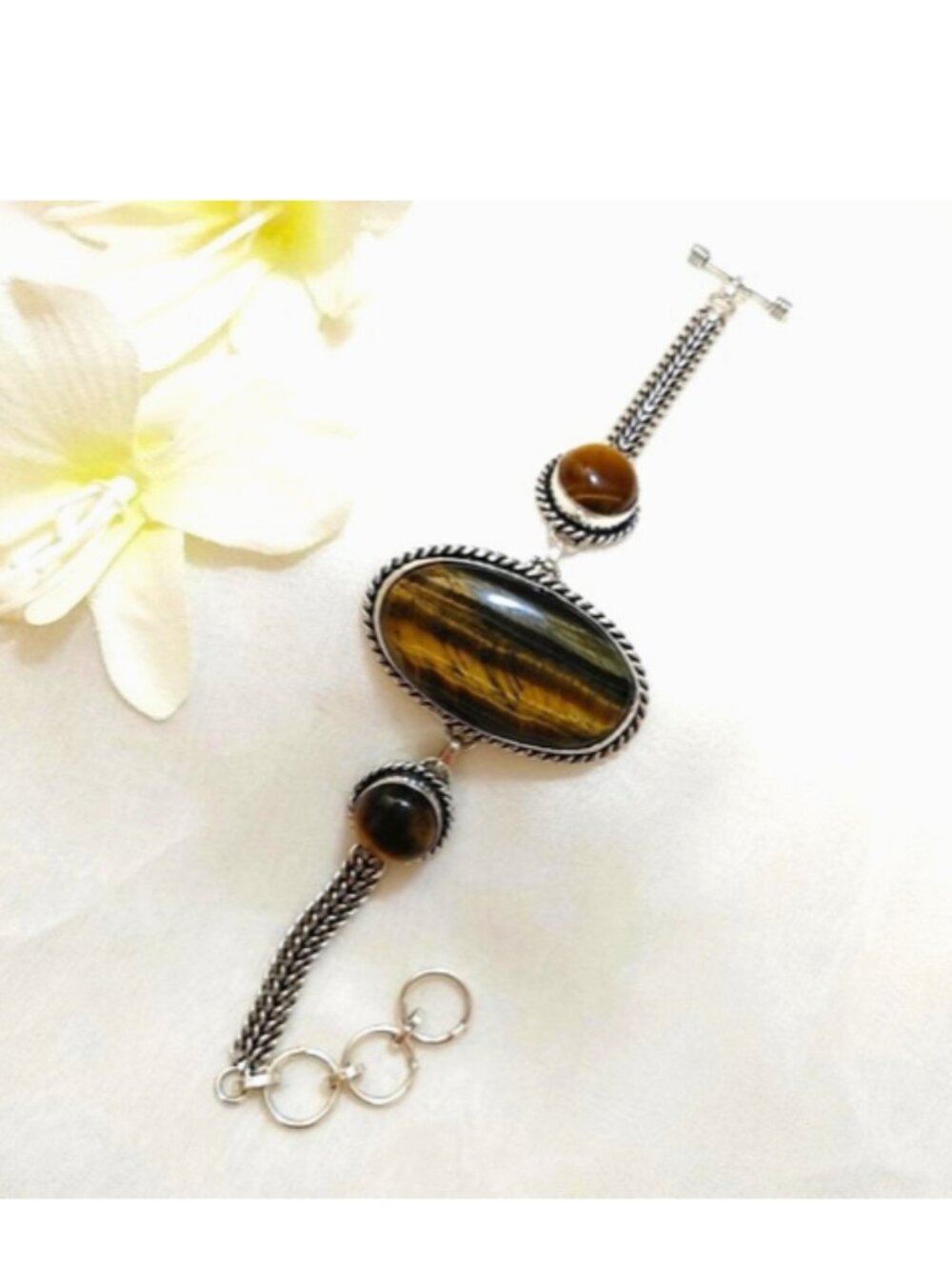 Tiger Eye Bracelet (br16) Natural Gem Toggle Clasp 925 Silver 7”-8" Adj.
